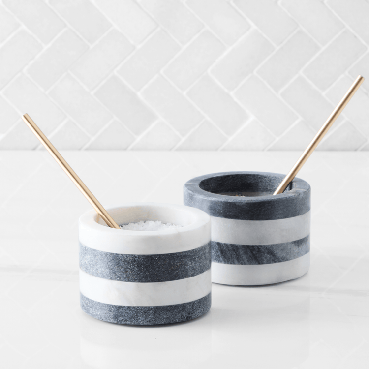 Striped Marble Salt and Pepper Cellars with Gold Spoons