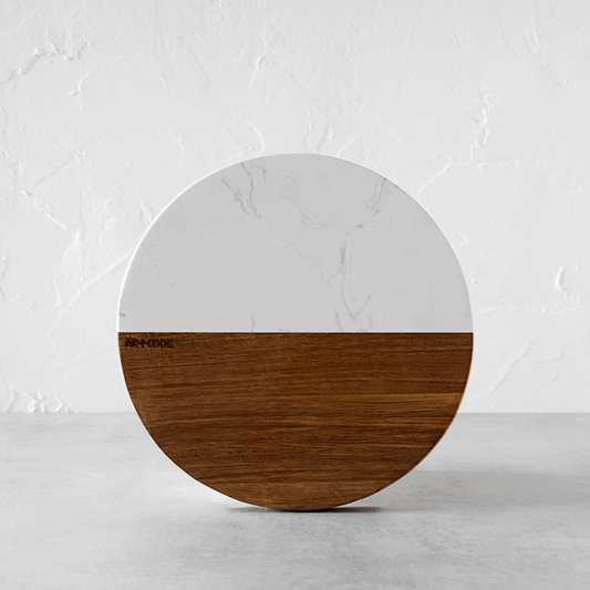 Round Acacia Wood & White Marble Board Small