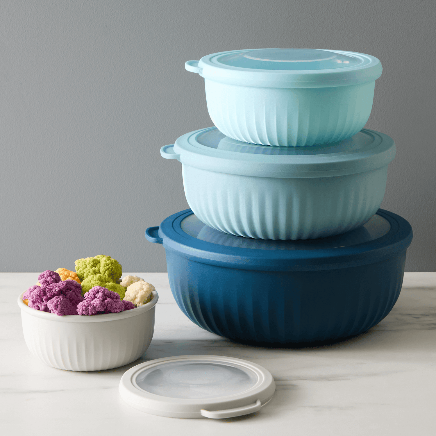 Cook with Color Plastic Prep Bowls - Mini Bowls with Lids, 8 Piece Nesting Bowls Set Includes 4 Prep Bowls and 4 Lids (Ombre Blue)
