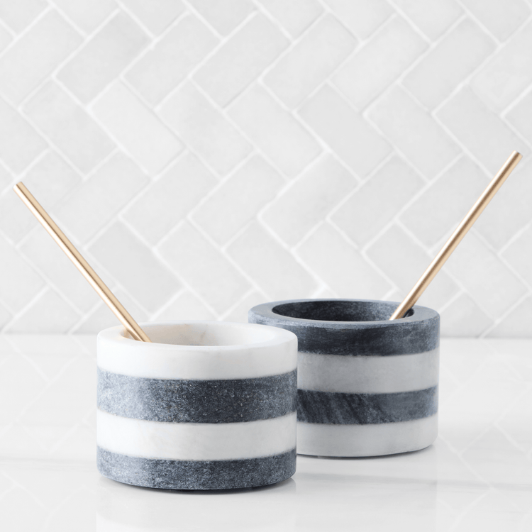 Striped Marble Salt and Pepper Cellars with Gold Spoons