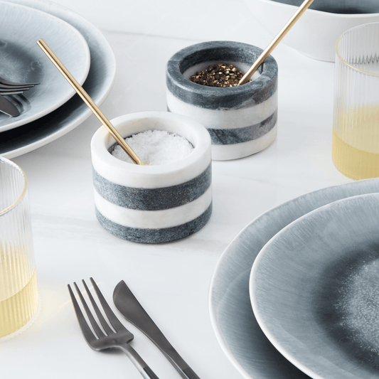 Striped Marble Salt and Pepper Cellars with Gold Spoons