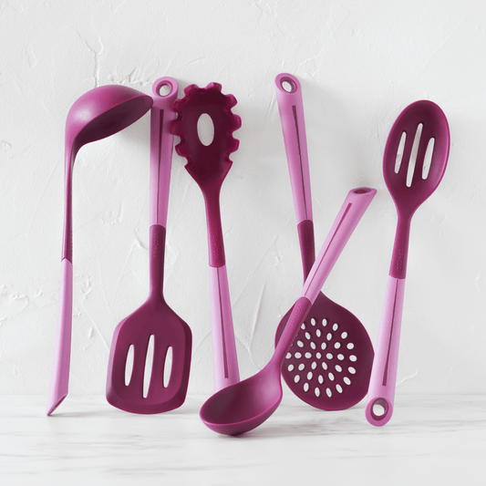 9 Piece Pink Colored Silicone Kitchen Utensils Set with Wooden Handles
