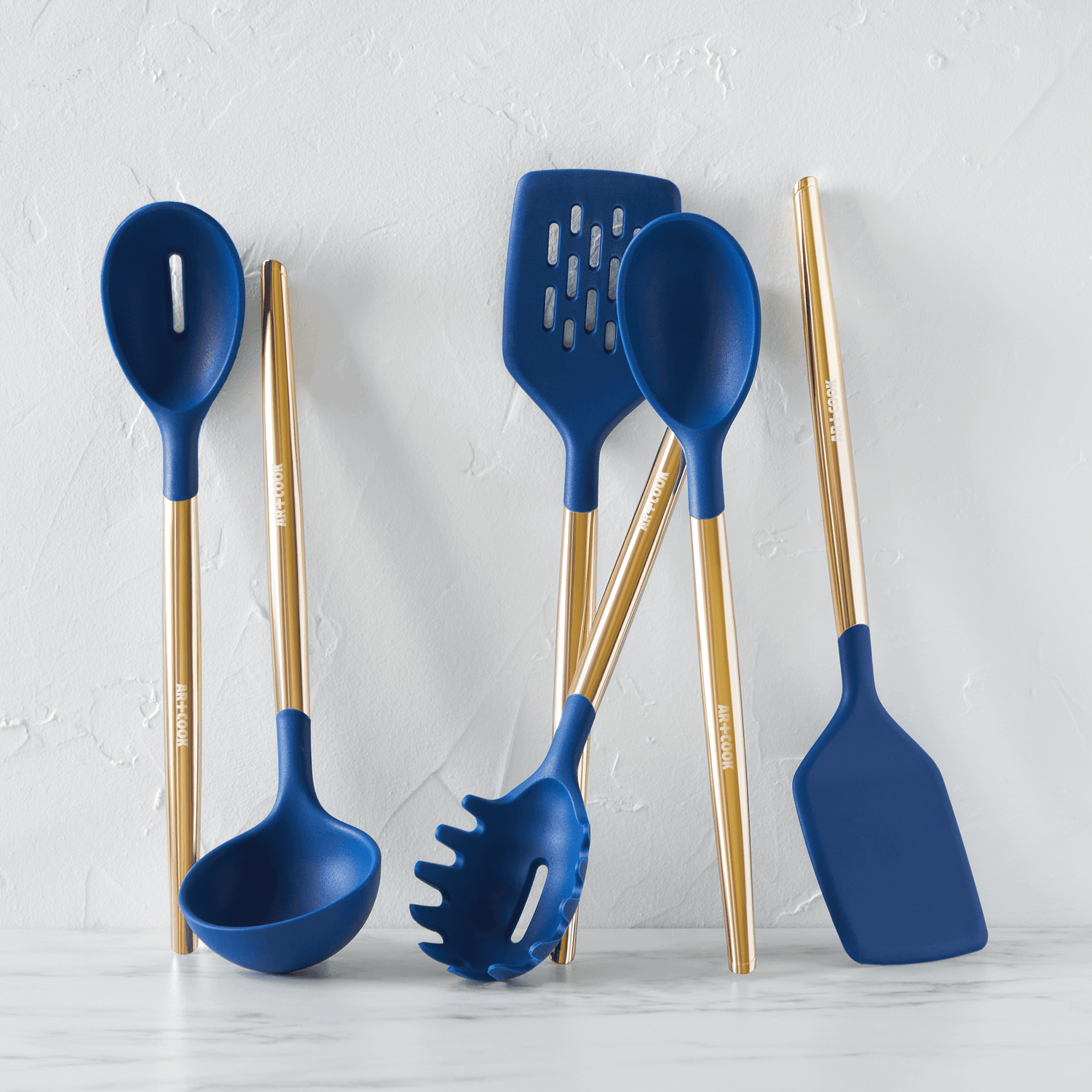 Styled Settings Copper and Blue Silicone Kitchen Utensils Set -17PC Set Includes Copper Utensil Holder, Blue Measuring Cups & Spoons, Copper Kitchen